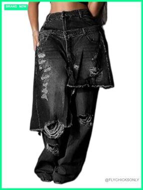 Women's High Waist Wide Leg Ripped Baggy Jeans Patchwork Streetwear